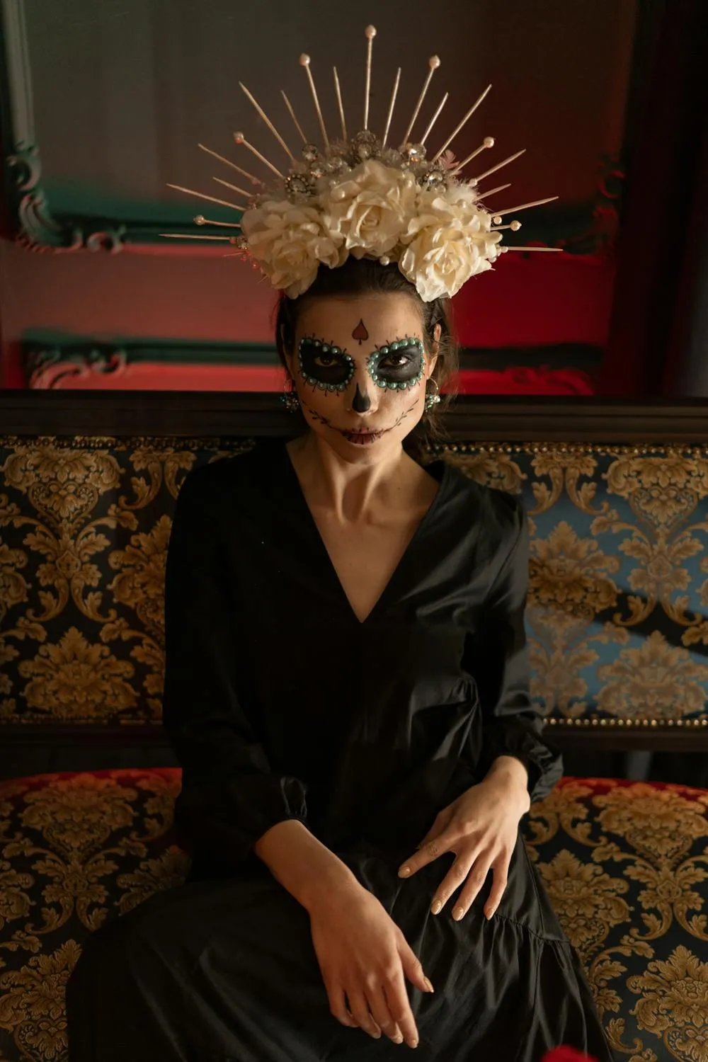 Elegant Halloween Costume with Floral Headpiece and Makeup