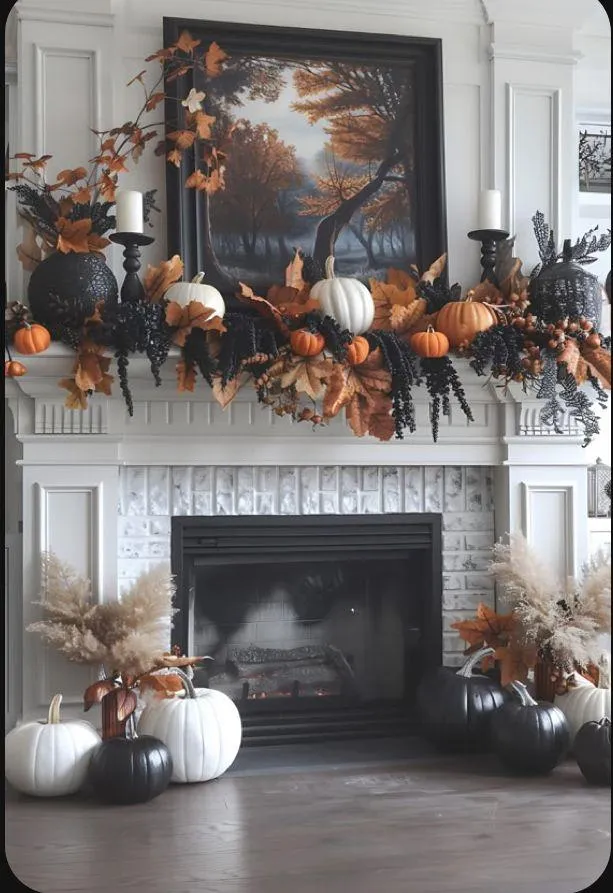 Elegant Halloween Fireplace with Autumn Pumpkin Decoration