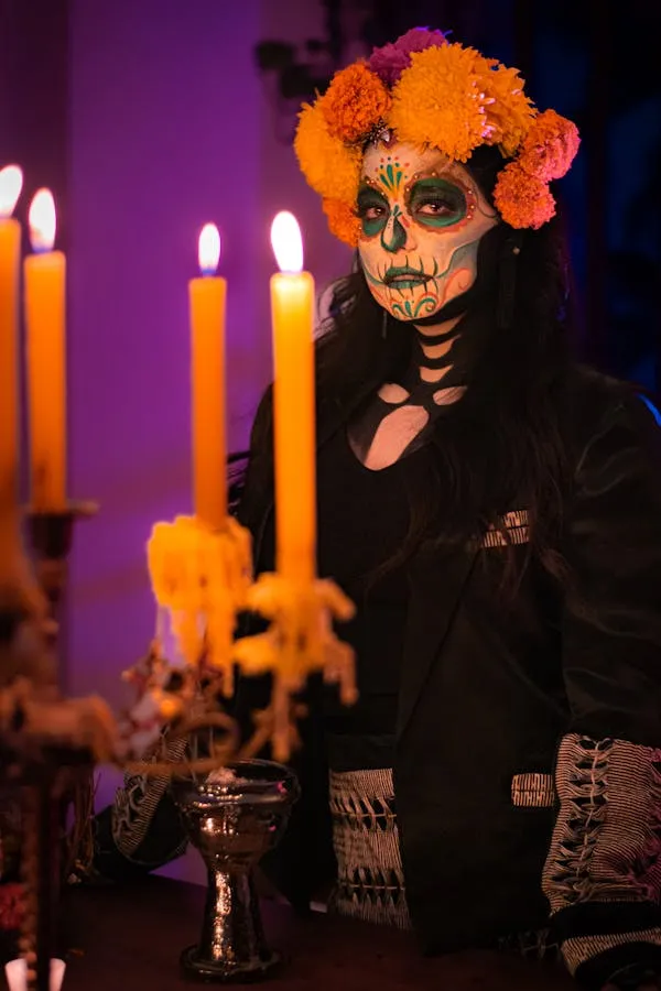Elegant skull makeup with candles and marigolds image