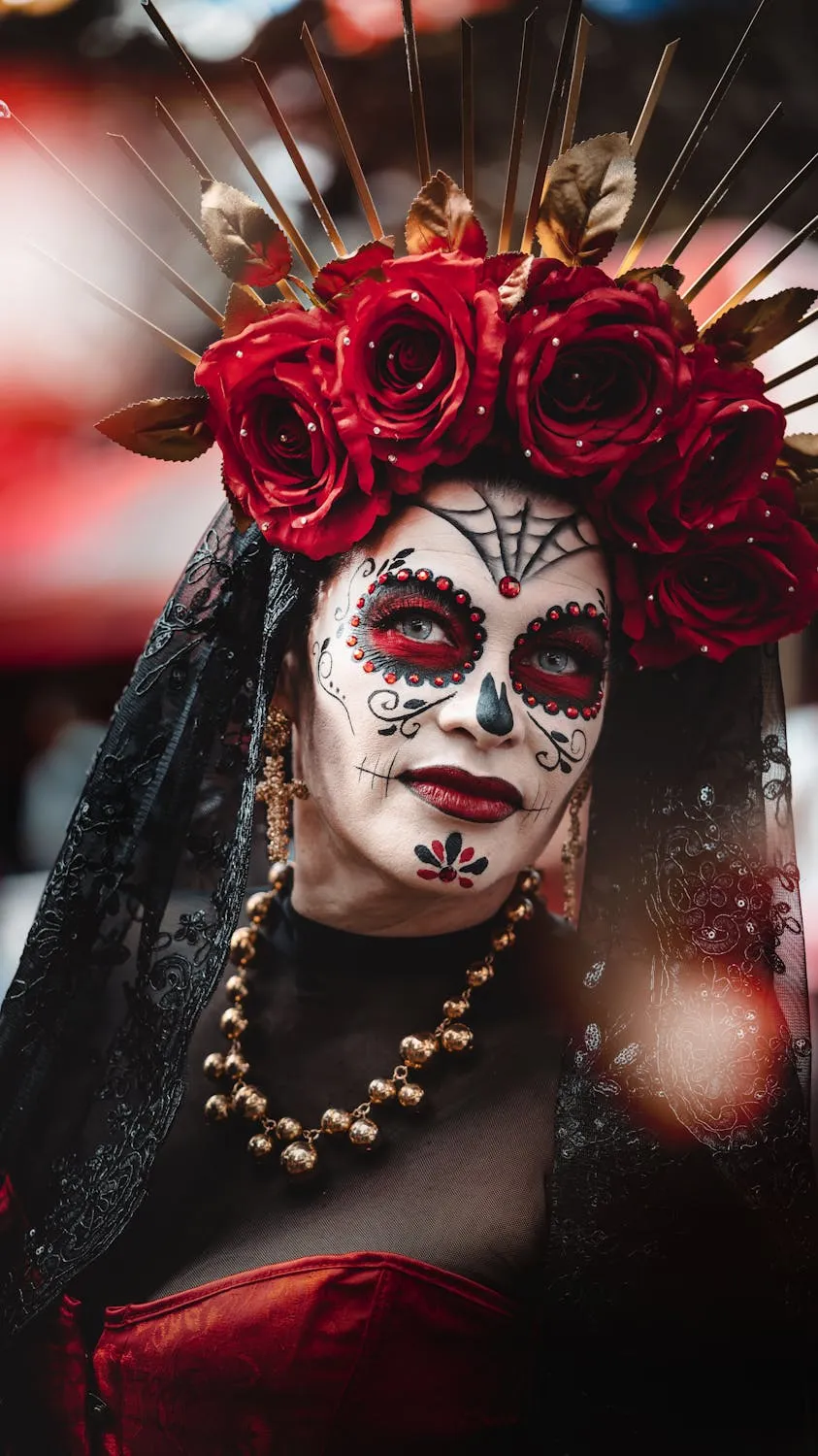 Elegant Sugar Skull Look with Red Floral Crown Wallpaper