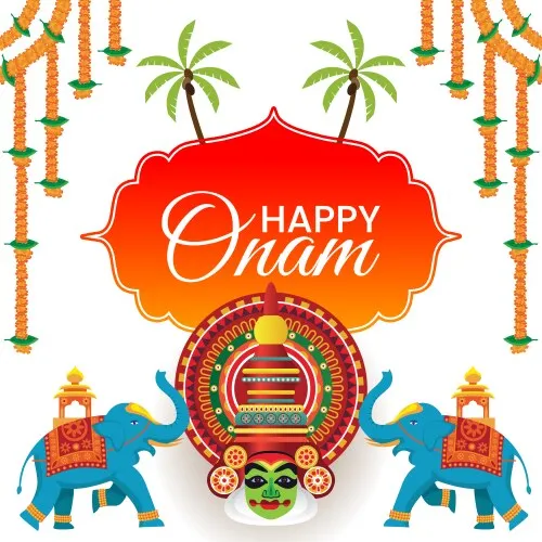 Elephant design with Happy Onam text and flower design