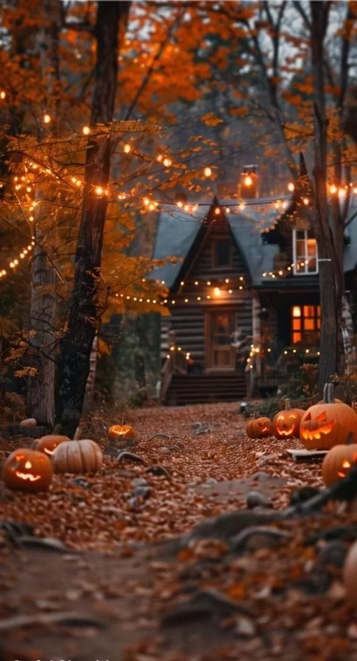 Enchanting Forest Pathway with Autumn Leaves and Cabin HD