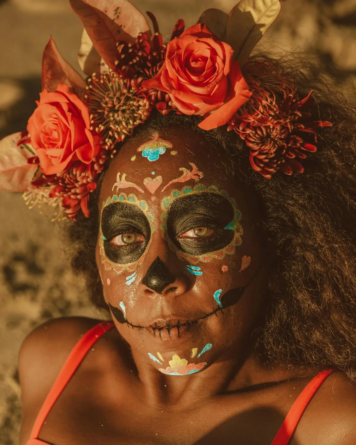Expert Halloween Makeup with Floral Crown and Face Paint