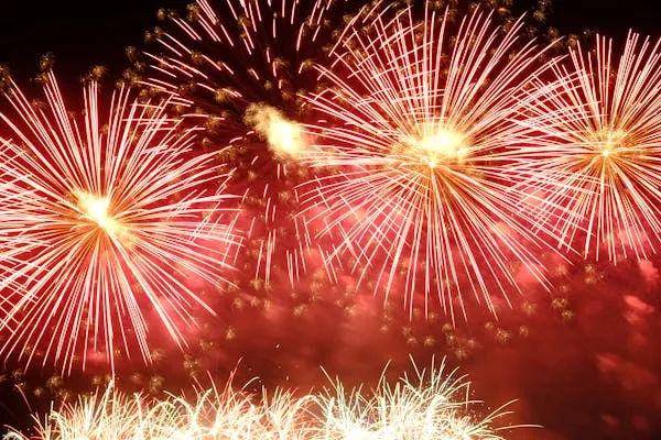 Explosive Red and Gold Fireworks Lighting up the Night Sky