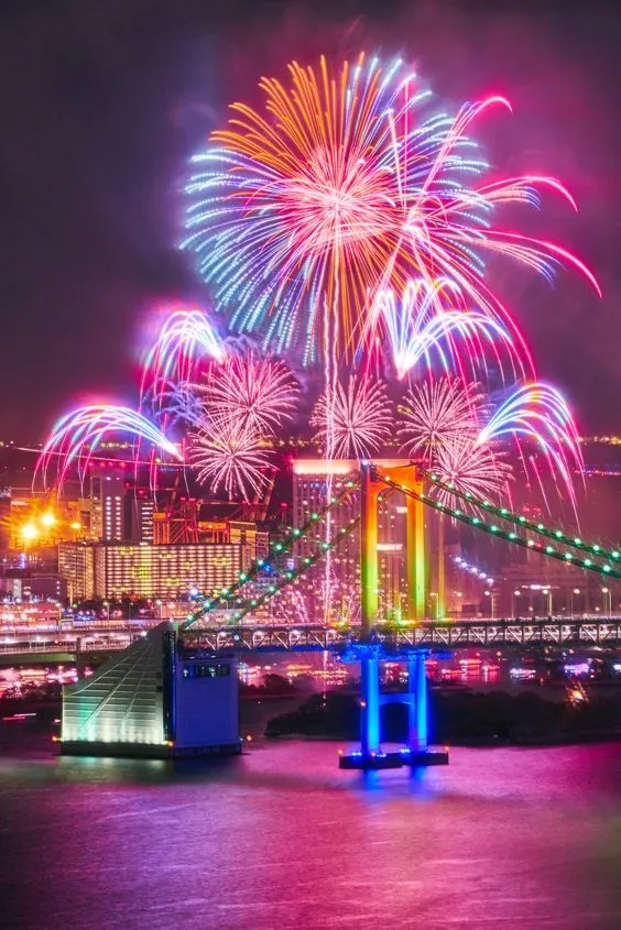 Eye Catching Colorful Fireworks over City with Bridge View
