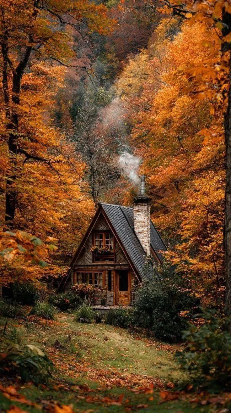 Fairytale Cottage Surrounded By Fall Foliage Wallpaper