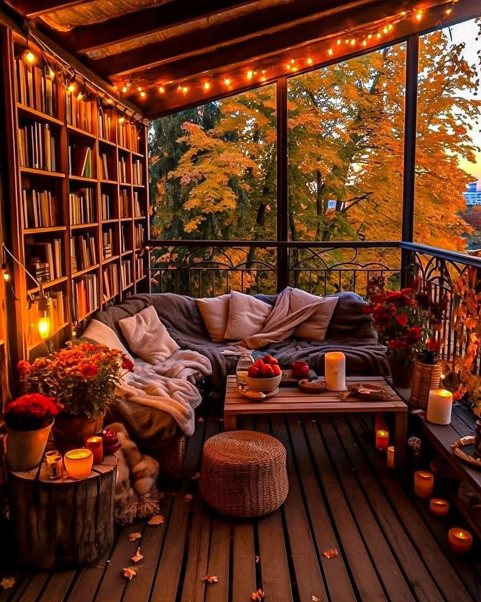 Fall Balcony with Cushions Candles and Pumpkin Setup