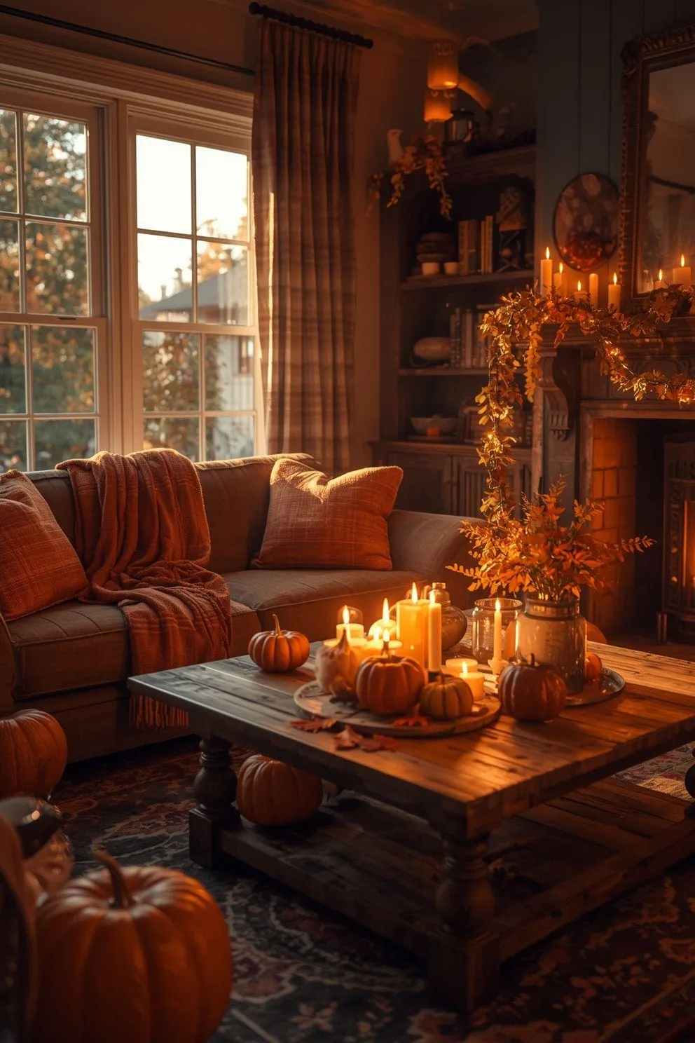 Fall Coffee Table Setup with Pumpkins and Candlelight