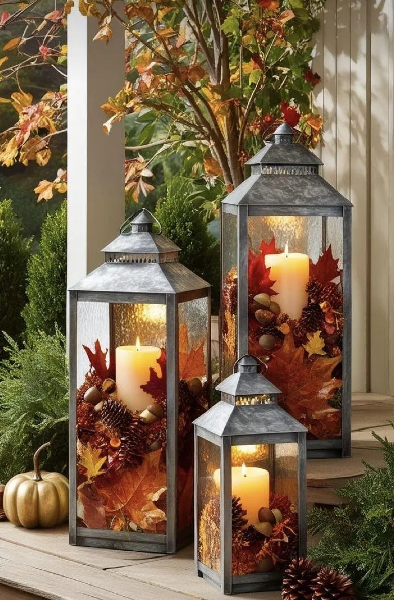 Fall Lantern Centerpieces with Leaves and Acorns Image
