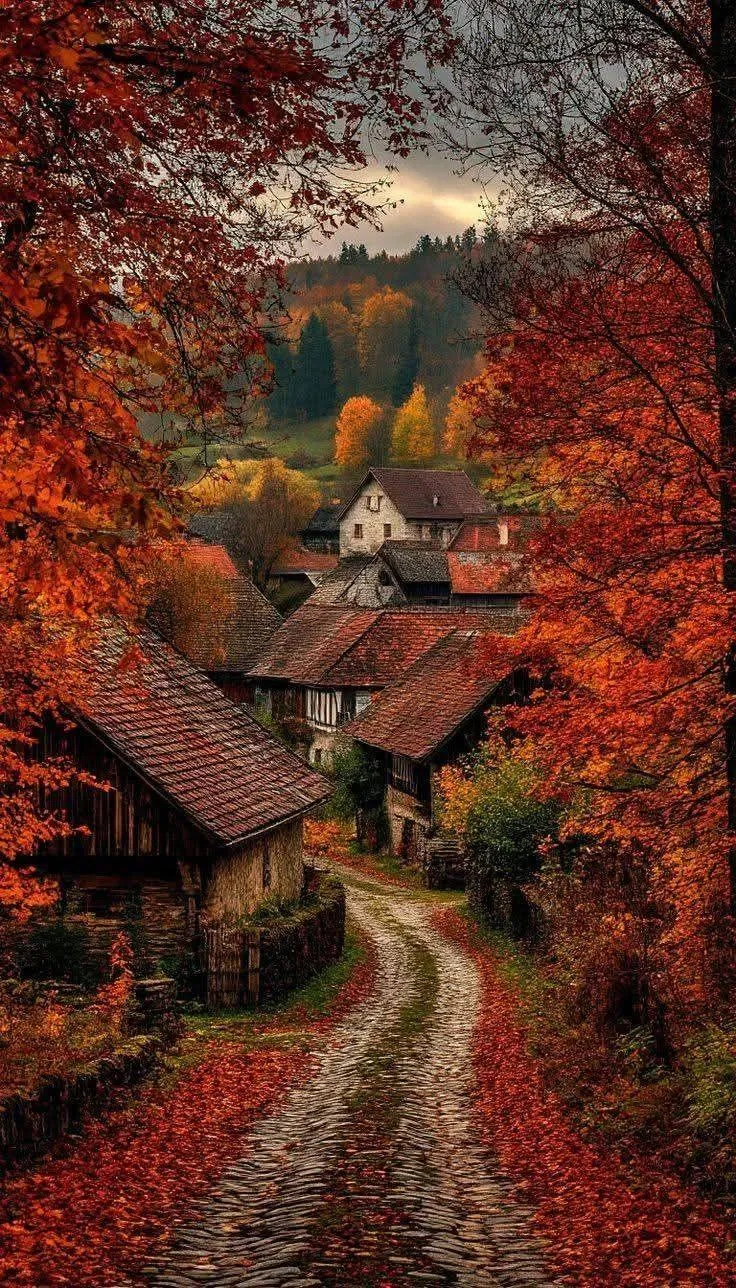Fall Mountain Path with Village Houses and Pumpkin Decor