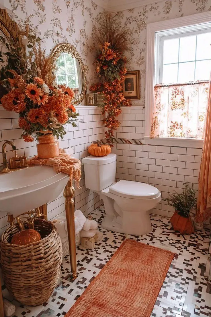 Fall Themed Bathroom with Floral and Pumpkin Decoration