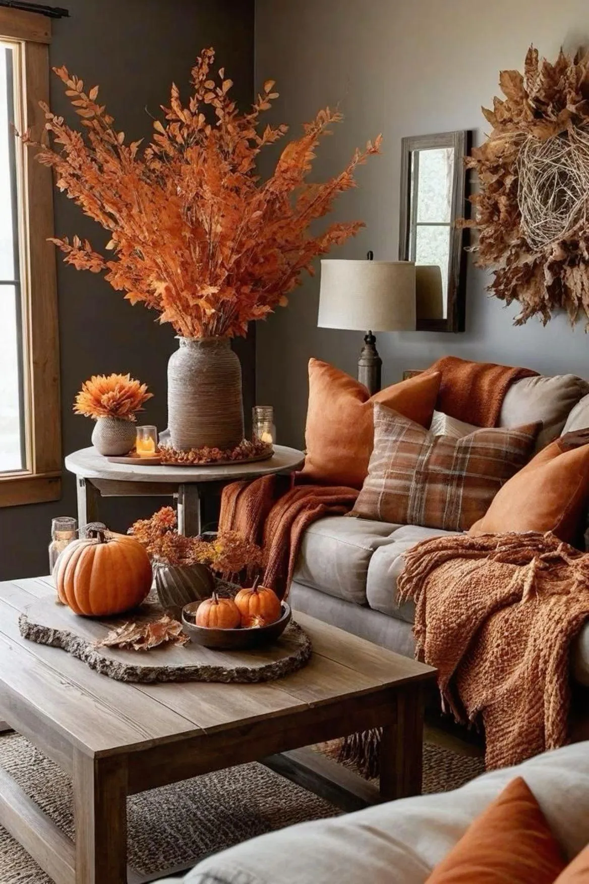Fall Themed Coffee Table with Pumpkins and Leafy Decor