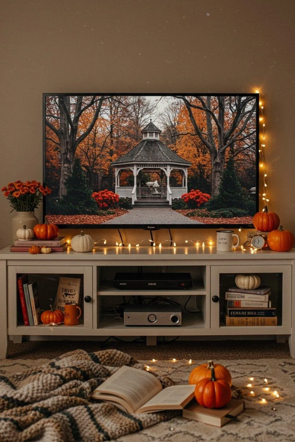 Fall Tv Console Decor with Pumpkins and String Lights HD