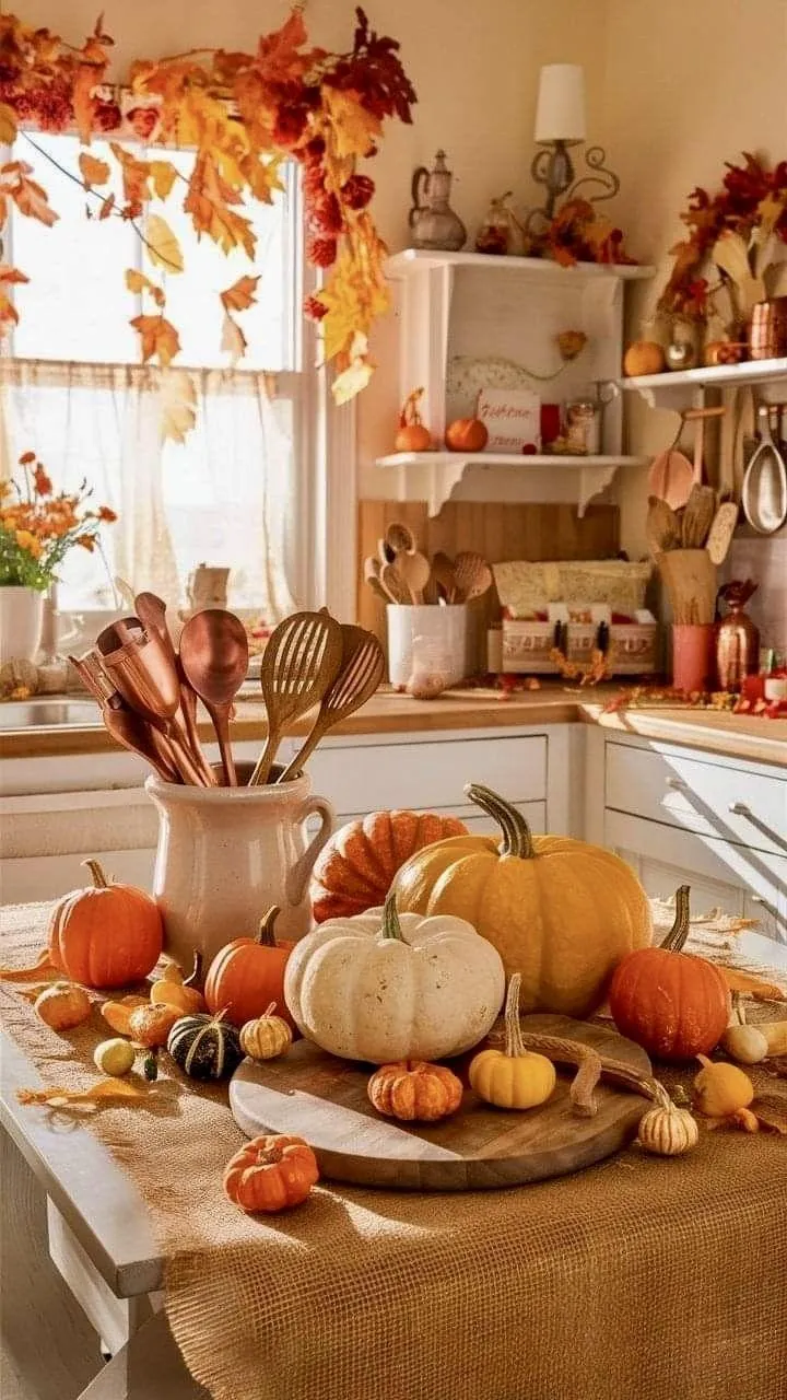 Farmhouse Kitchen Decor with Pumpkins and Autumn Garland