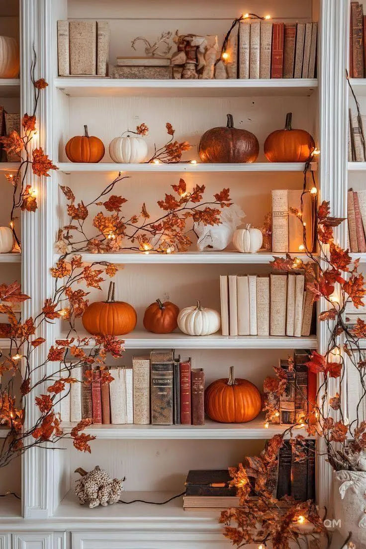 Farmhouse Shelf Decor with Pumpkins and Autumn Leaves