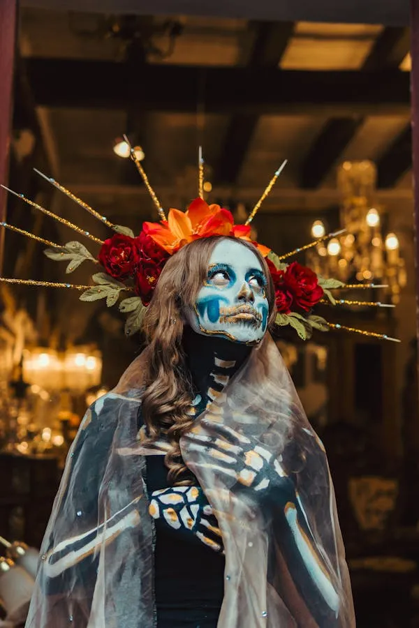 Festival Attendee with Skull Face and Crown of Lights