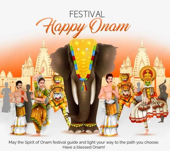 Festival with Happy Onam text and elephant and chinda malam