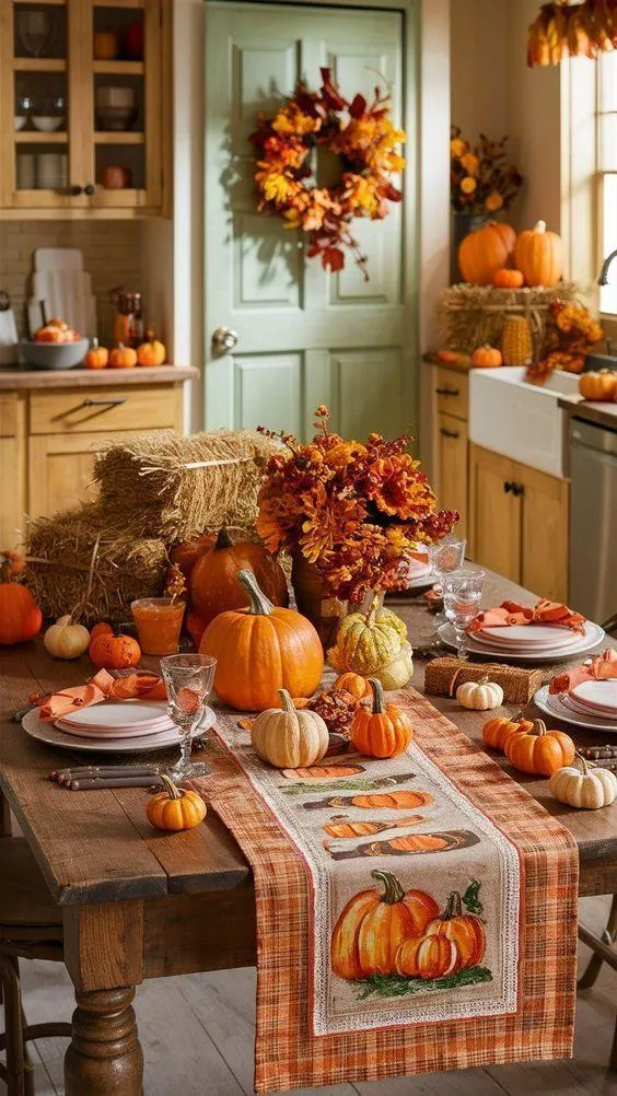 Festive Dining Table Setup with Autumn Pumpkin Accents