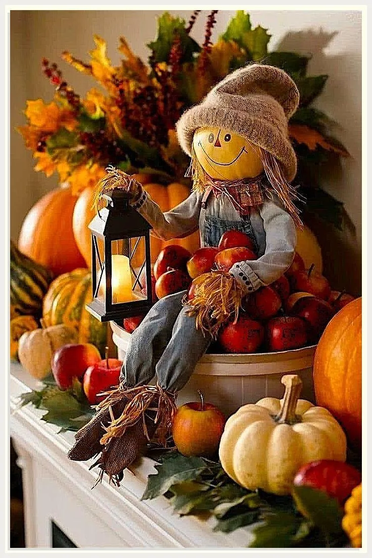 Festive Fall Sideboard with Scarecrow and Pumpkin Display