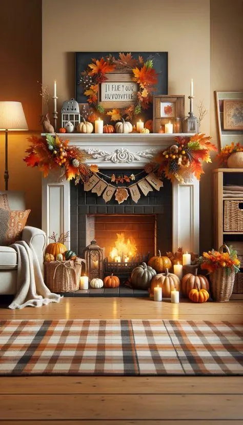 Festive Fireplace with Halloween Decoration and Pumpkins