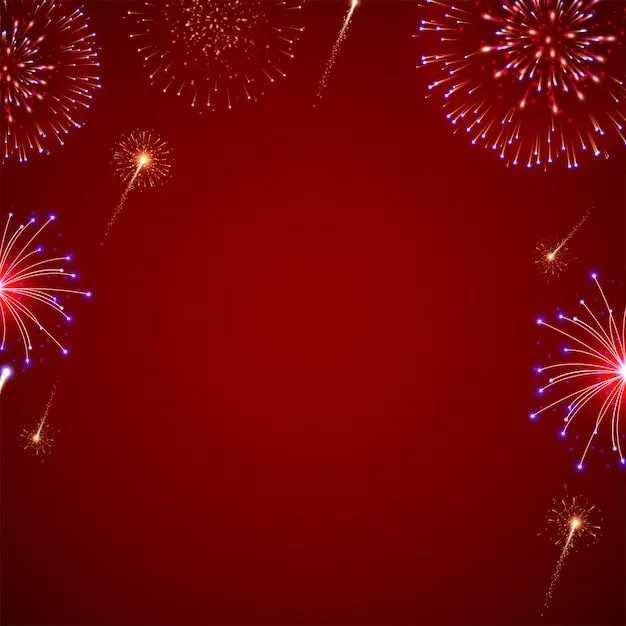 Festive Firework Patterns on Red Backdrop with Sparkling Lights