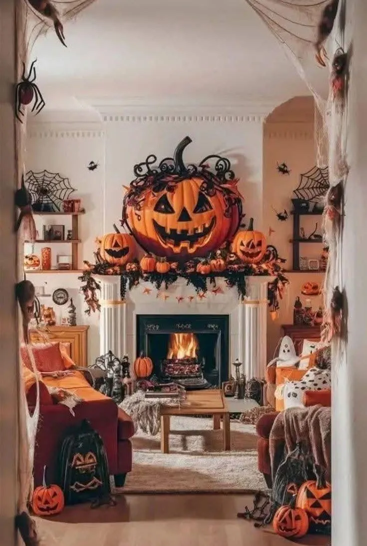 Festive Halloween Living Room with Pumpkin and Garland