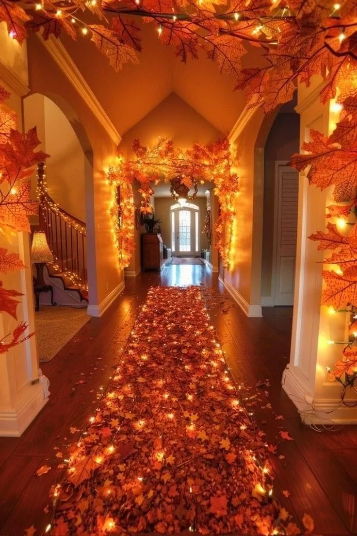 Festive Hallway Lit with Autumn Leaves and Pumpkin Lights