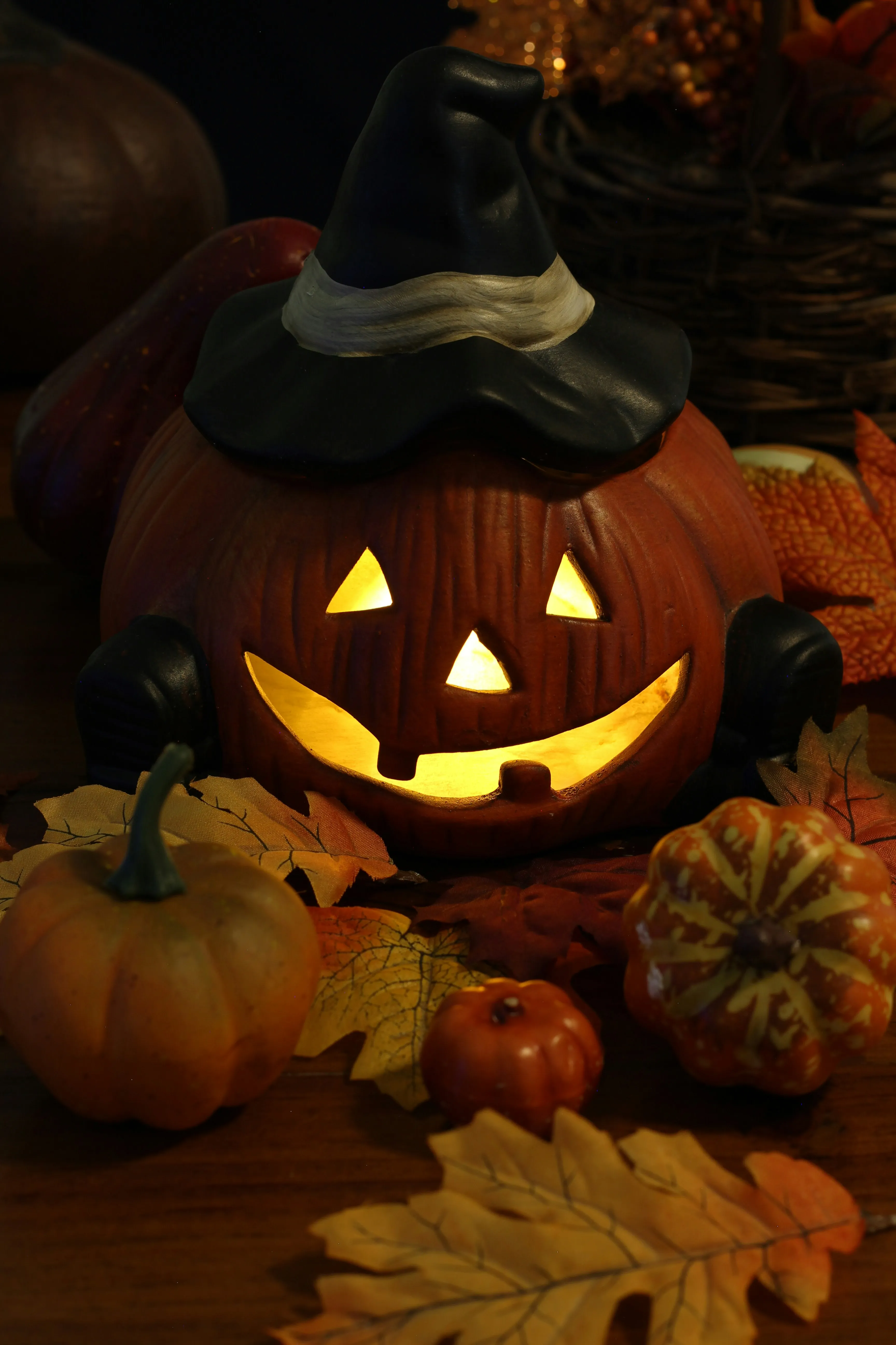 Festive Pumpkin with Witch Hat in Autumn Setup Wallpaper