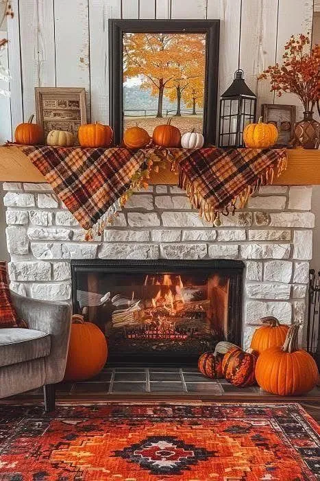 Fireplace Mantel Adorned with Pumpkins and Fall Decorations
