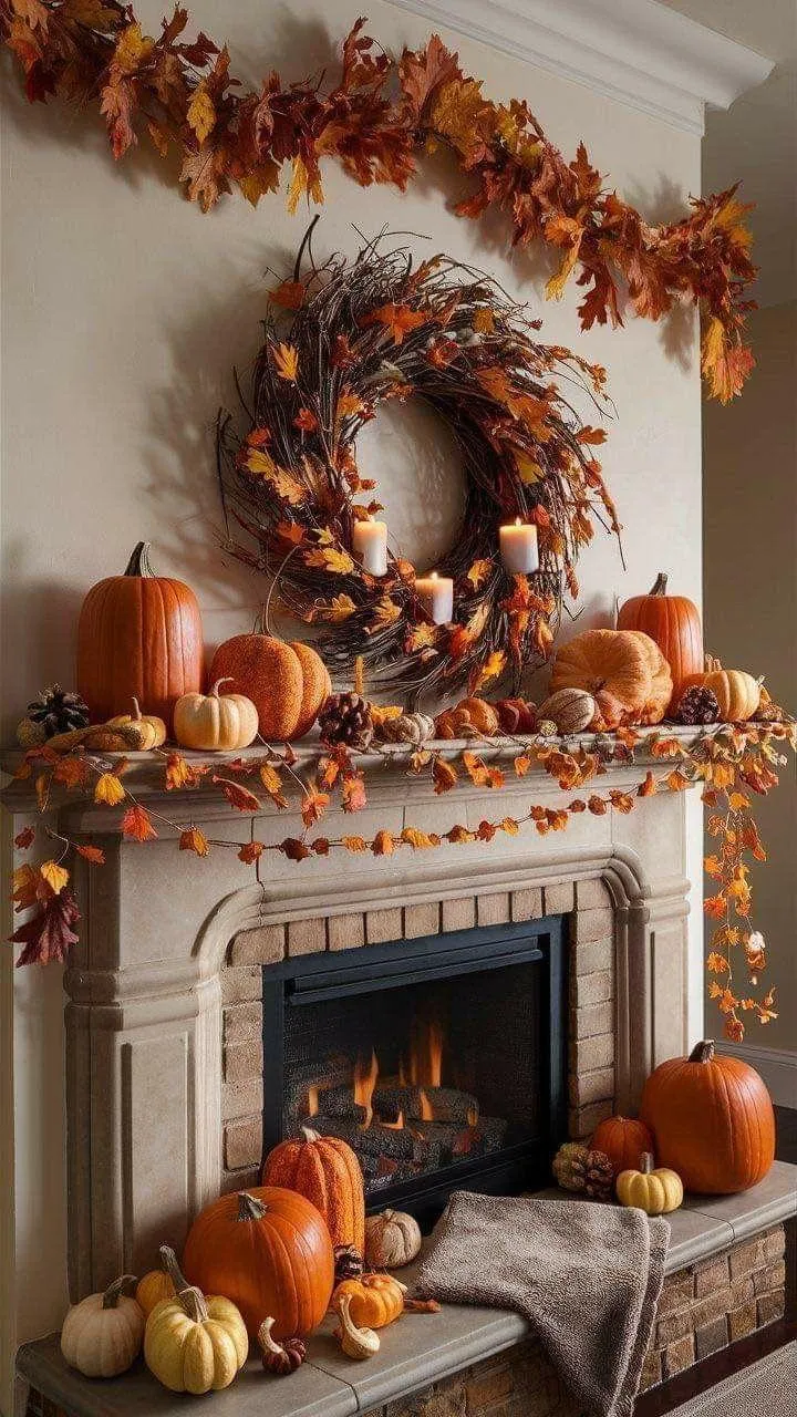 Fireplace Mantel Decorated with Pumpkins and Wreath HD
