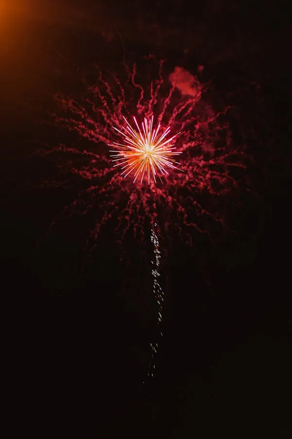 Firework Explosion with Red and Purple Sparkles in Night Sky
