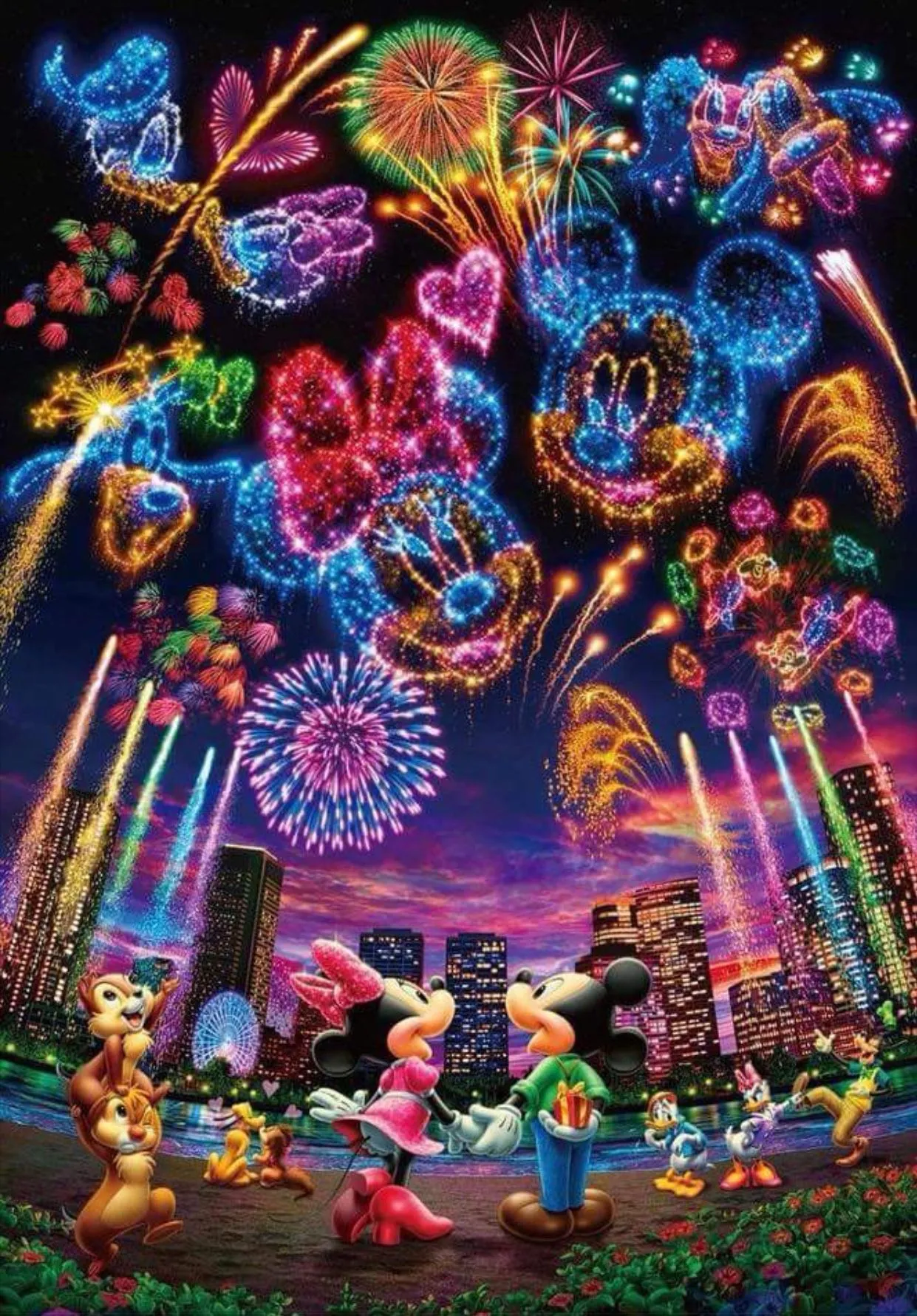 Fireworks and Mickey Mouse Characters in the Sky Wallpaper