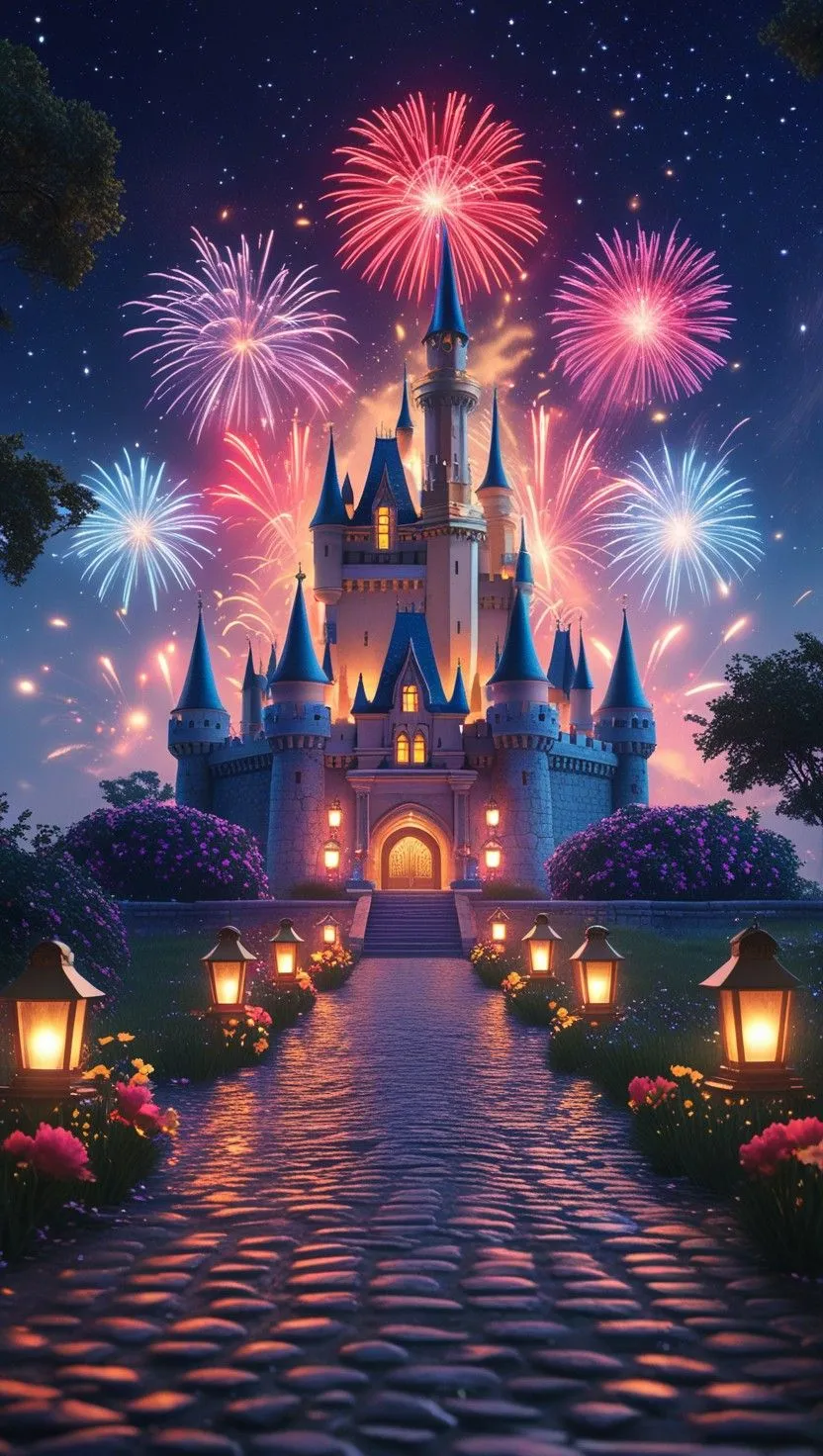 Fireworks burst above castle pathway with glowing lights