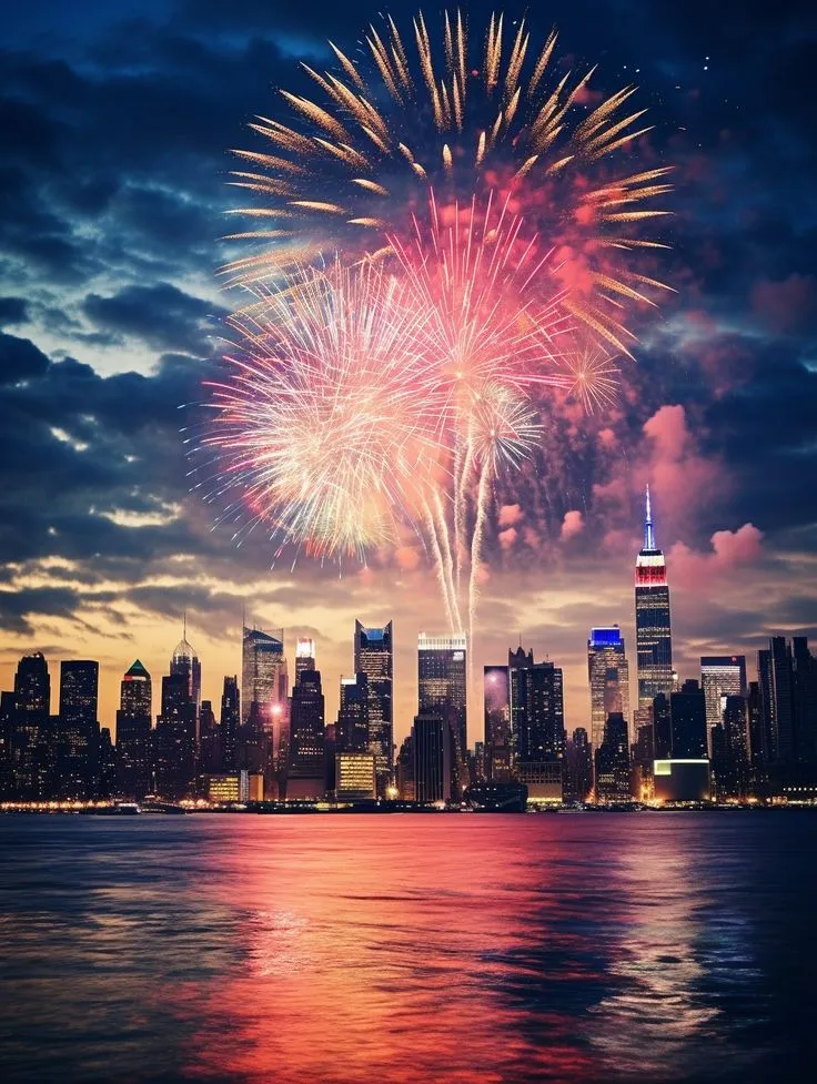 Fireworks Burst over the City Skyline with a Colorful Display