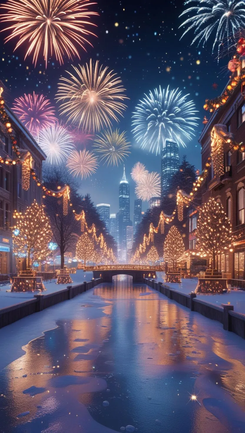 Fireworks bursting above grand street lit by glowing lights