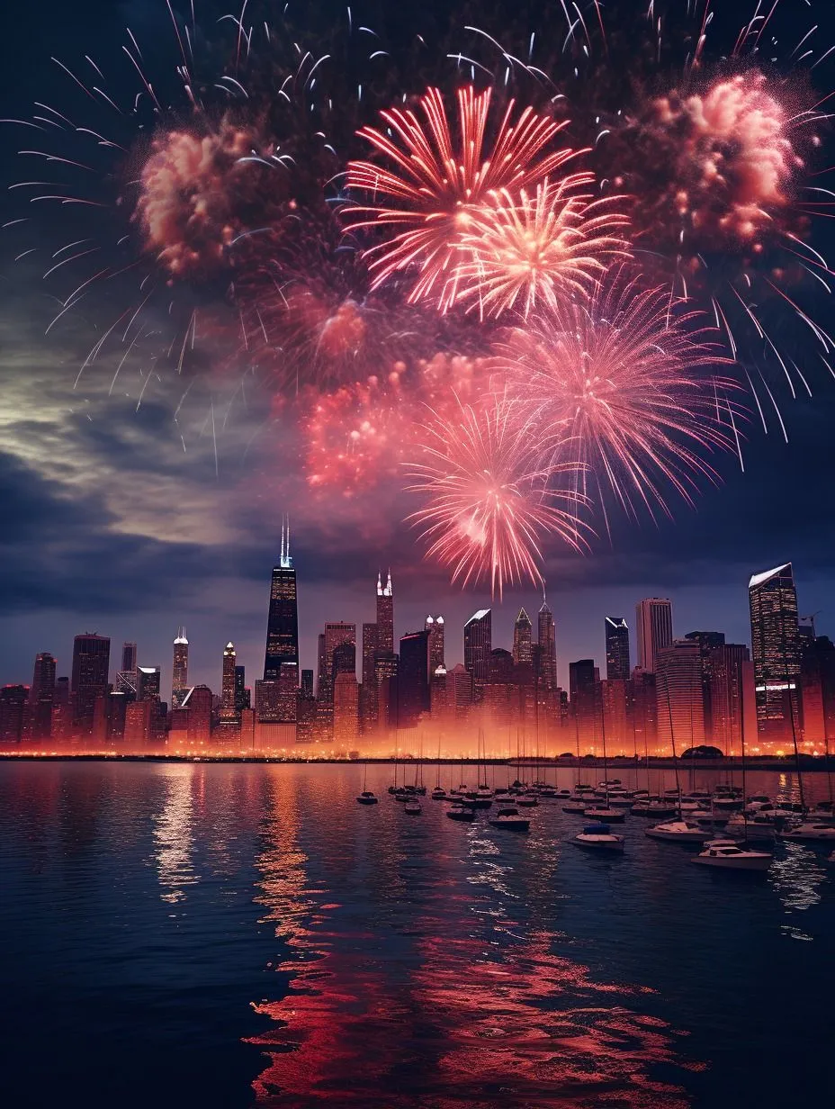 Fireworks bursting over a city skyline reflecting in water