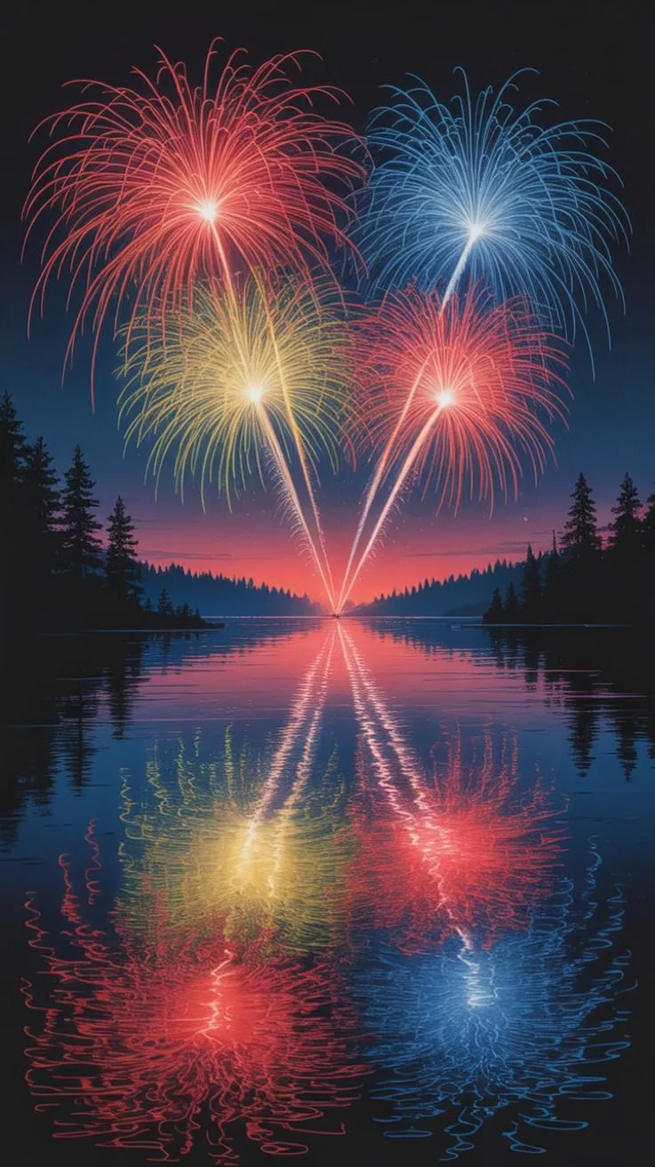 Fireworks bursting over a serene lake with reflections