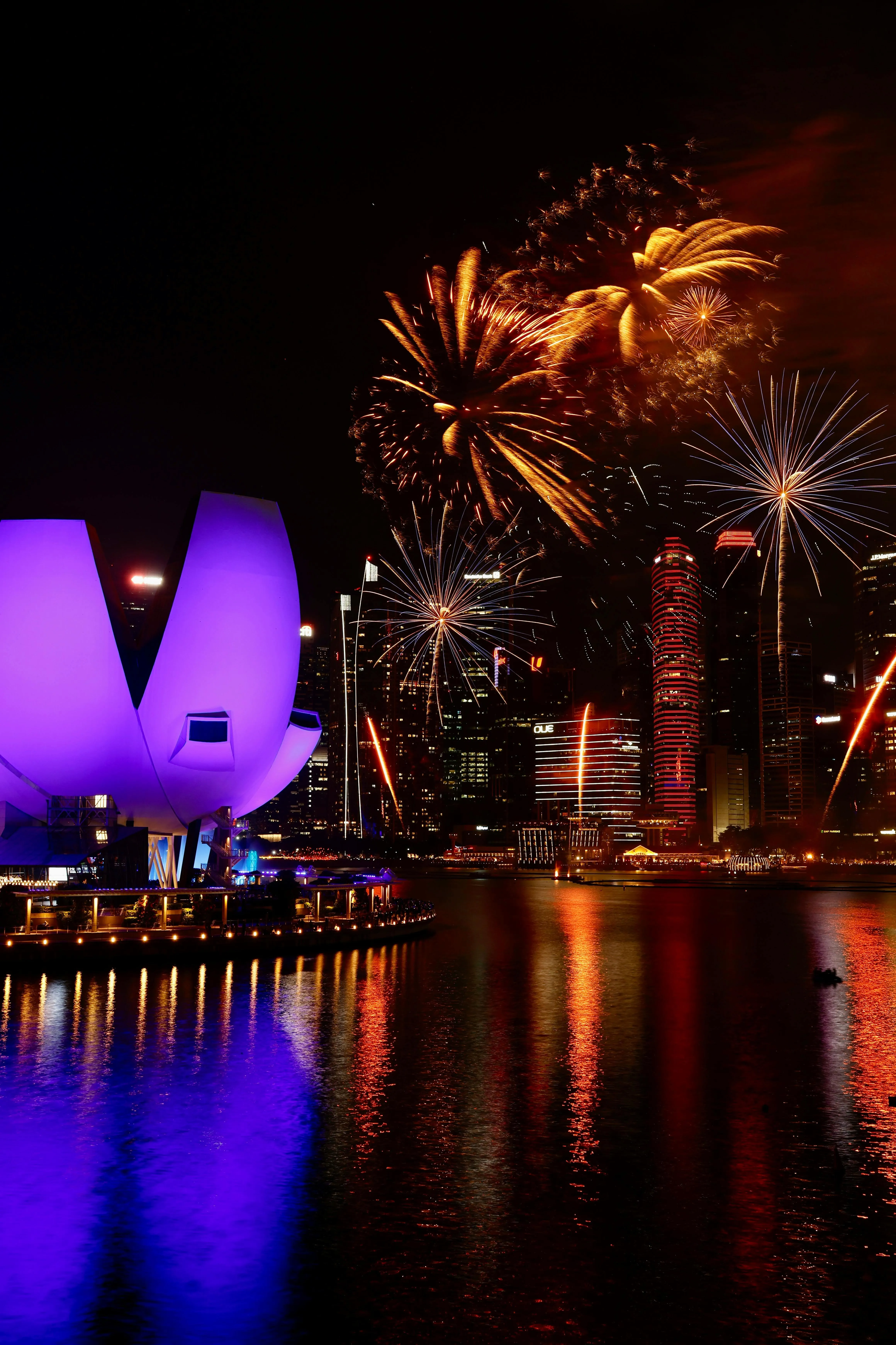 Fireworks display above the city skyline near the waterfront