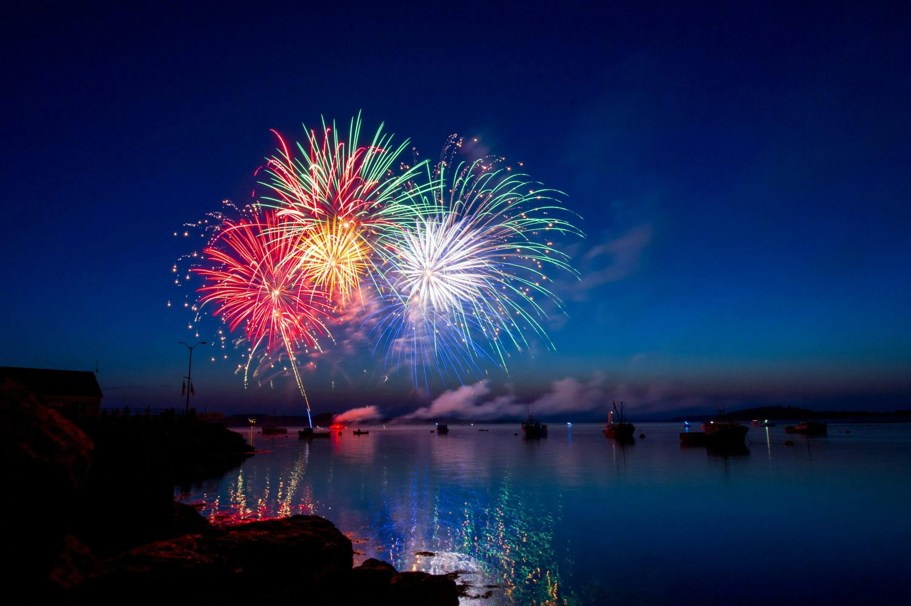 Fireworks Display over the Ocean with Colorful Explosions