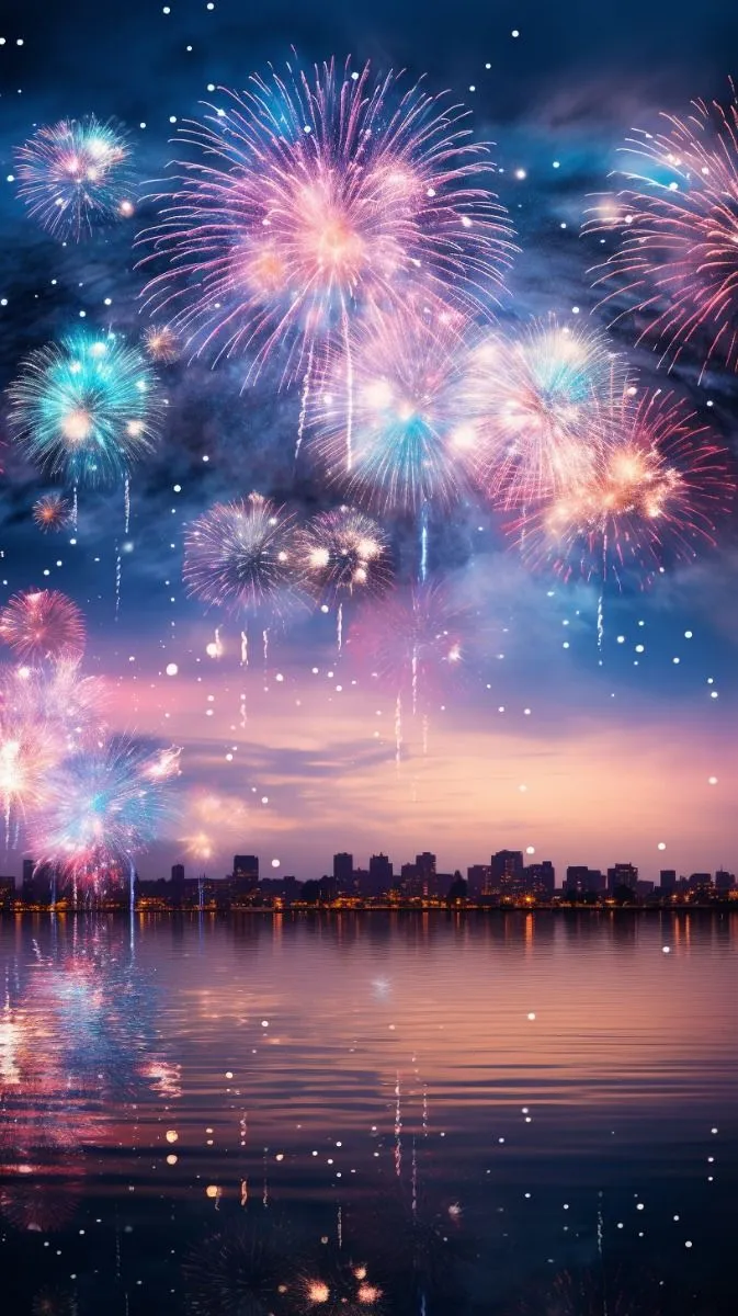 Fireworks Display over Water With Colorful Sky Reflection