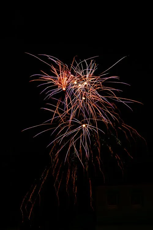 Fireworks Display with Red and Green Colors in the Night Sky