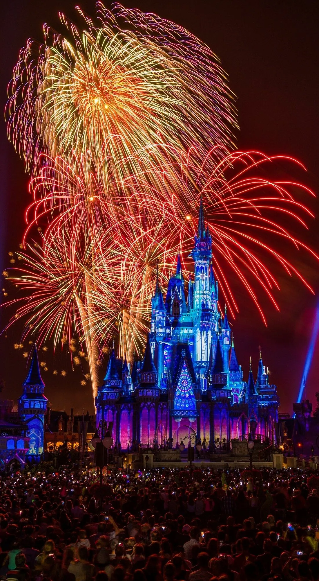 Fireworks erupting over a castle creating a magical scene