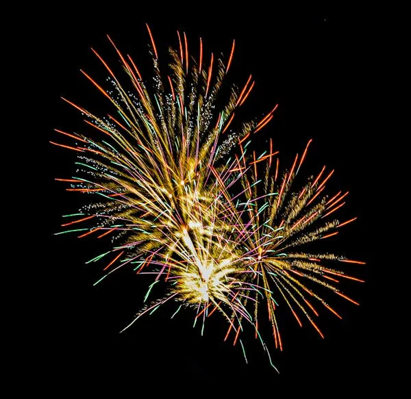 Fireworks Exploding in Bright Colors over a Night Landscape