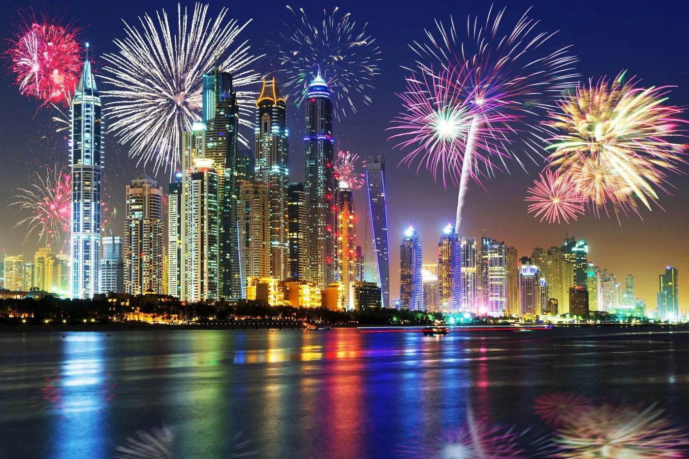 Fireworks Exploding over the City Skyline Near the Water