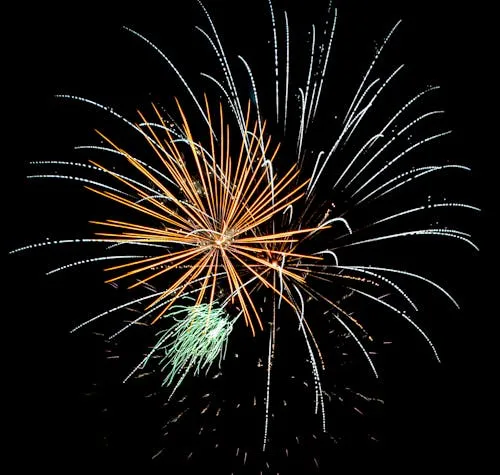 Fireworks in Golden and Yellow Hues Bursting in Dark Night Sky