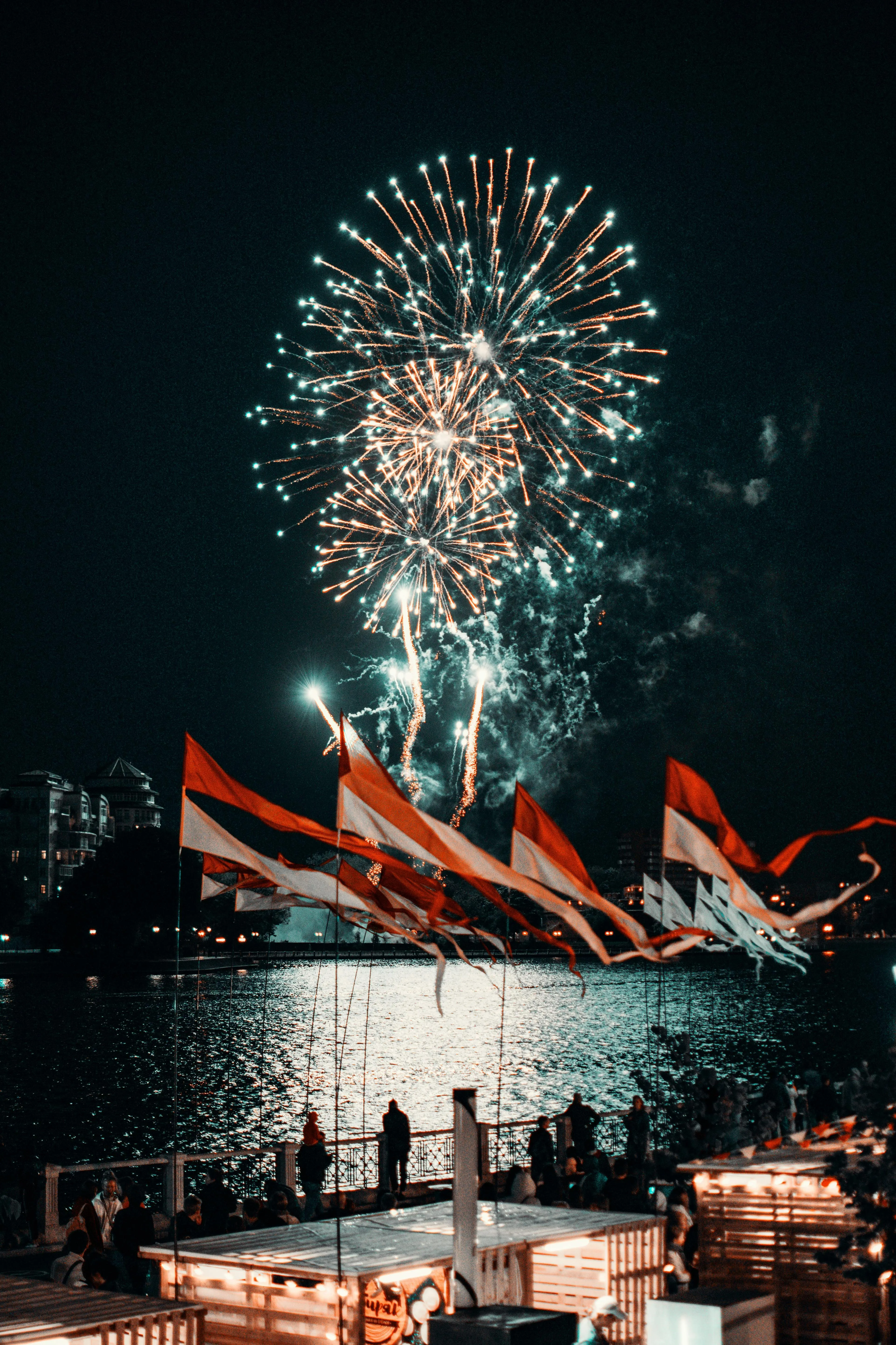 Fireworks Lighting up a Waterfront Cityscape at Night