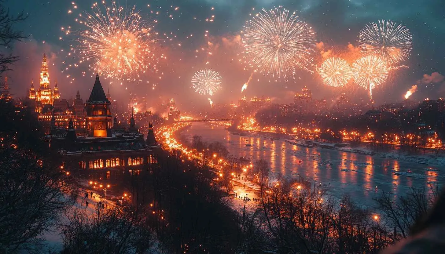 Fireworks lighting up the night sky over a river and city