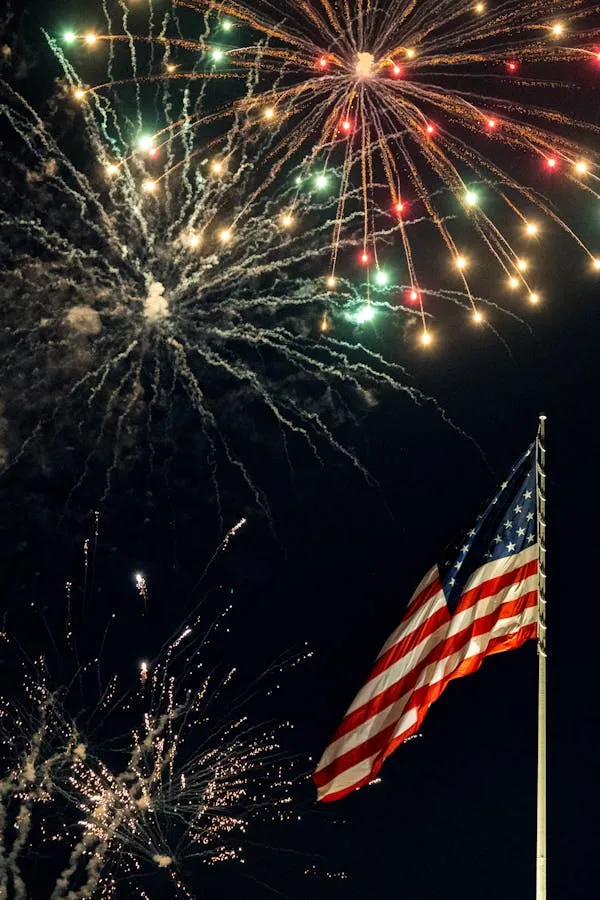 Fireworks lighting up the sky with an American flag image