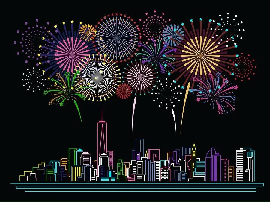 Fireworks over A City Skyline with various Shapes In Night