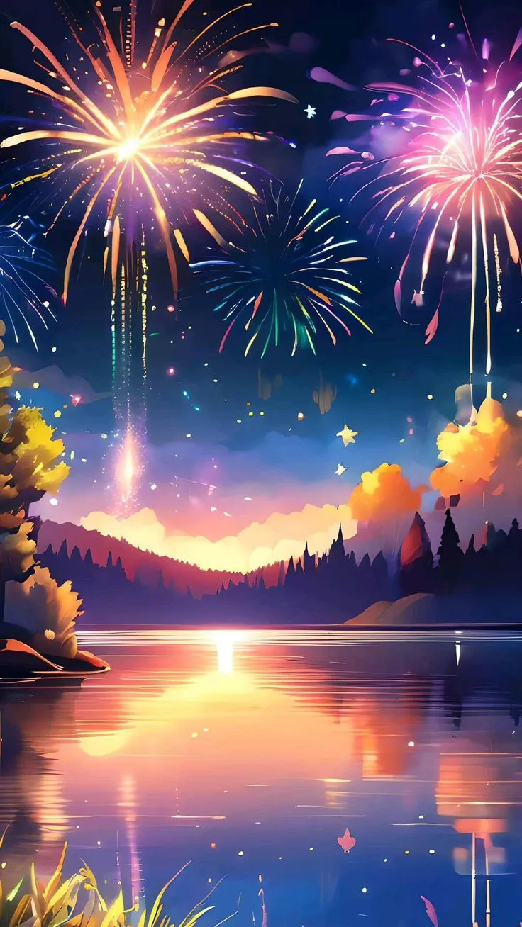 Fireworks over a lake with reflections of colorful lights
